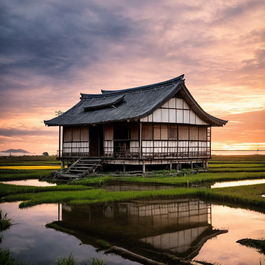 11875-412854517-wide-angle photo of an old rustic house standing alone in between lots of rice fields, Style-Japan2, (colorful sunset on a cloud.png